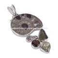 Pyarite Ammonite Smoky Meteorite Moldavite & Green Amethyst Silver Pendant